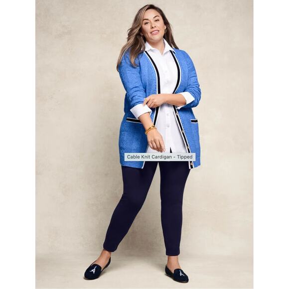 Talbots Cable Knit Cardigan - Tipped Cotton Blend Blue Tenniscore sz. Mp - Picture 2 of 8